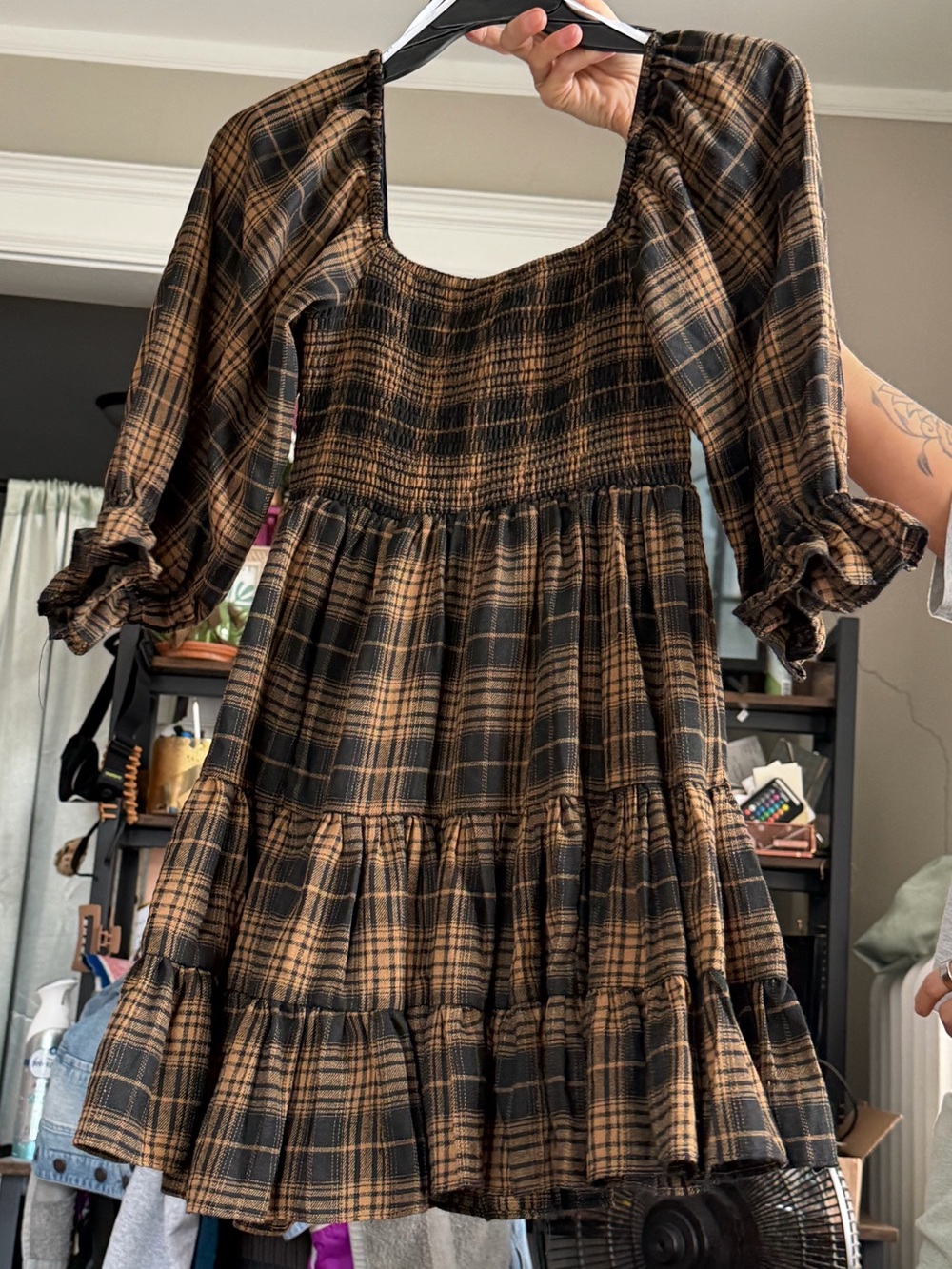 Lulus Plaid Smocked Babydoll Mini Dress XS NWT Brown Black
